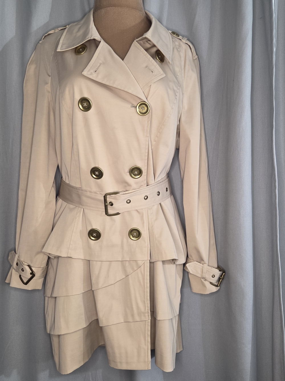 Michael Kors Size 16 Womens Double-Breasted Belted Trench Coat in Cream Ruffled